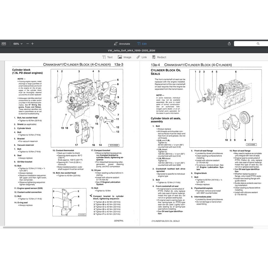 VW GOLF MK4 (1999-2005) SERVICE WORKSHOP MANUAL