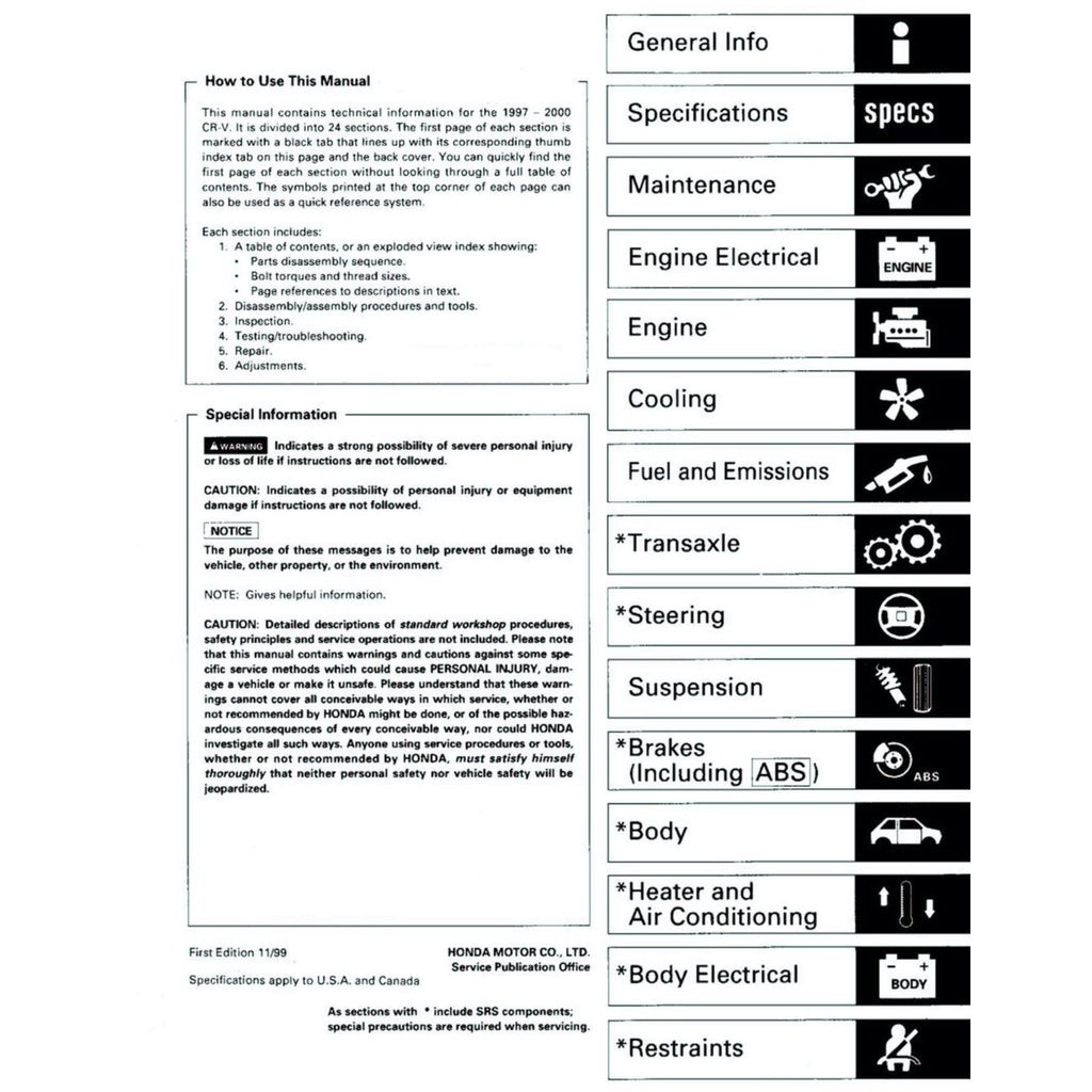 CRV HONDA CR-V (1997-2001) SERVICE WORKSHOP MANUAL