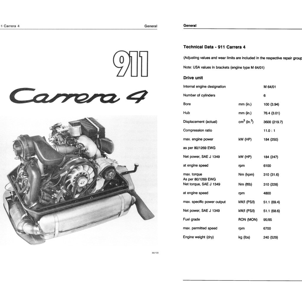 PORSCHE 911 964 CARRERA 2/4 (1989-1994) SERVICE WORKSHOP MANUAL + PARTS CATALOGUE