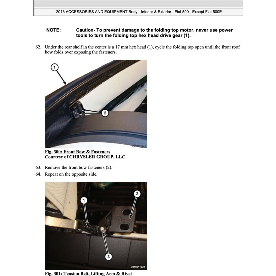 FIAT 500 C (2007-2019) CONVERTIBLE ROOF SERVICE & REPAIR MANUAL