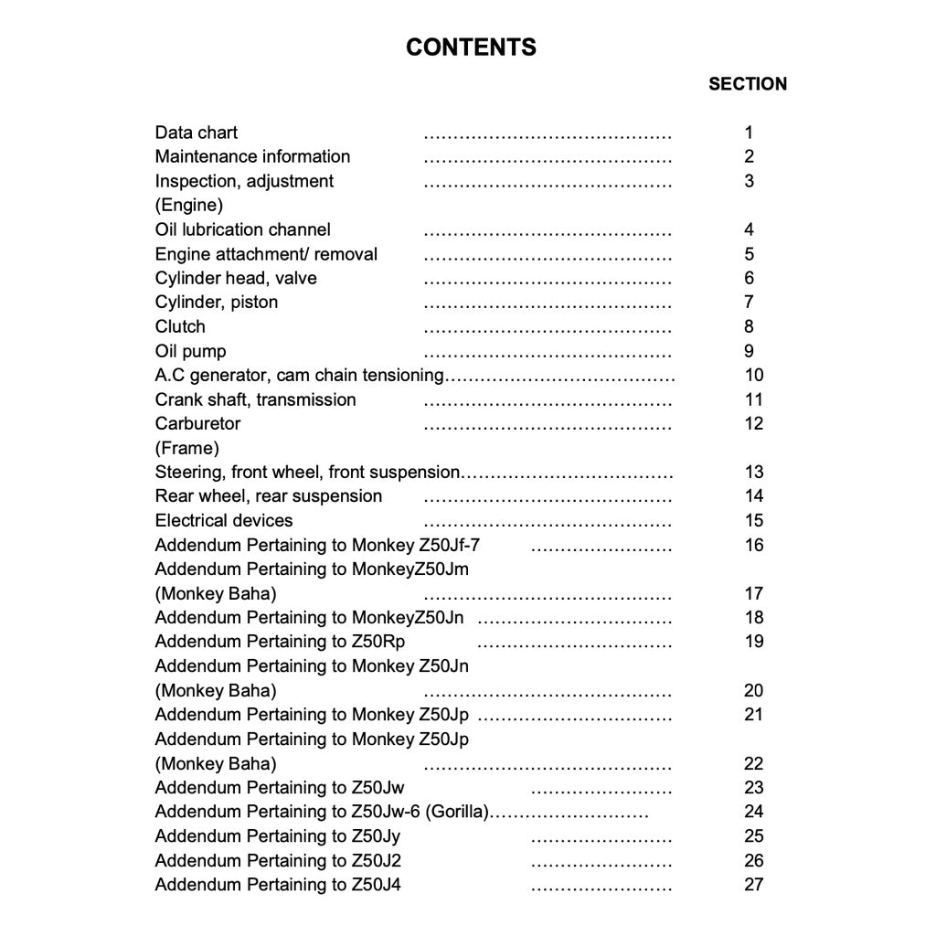 HONDA MONKEY / GORILLA Z50J (2008) SERVICE WORKSHOP MANUAL