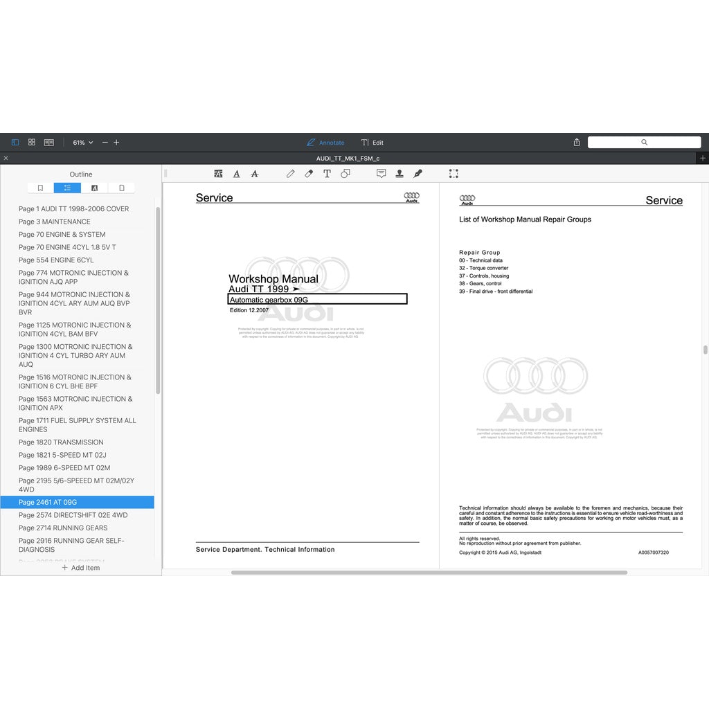 Audi TT MK1 (1998-2006) SERVICE WORKSHOP MANUAL