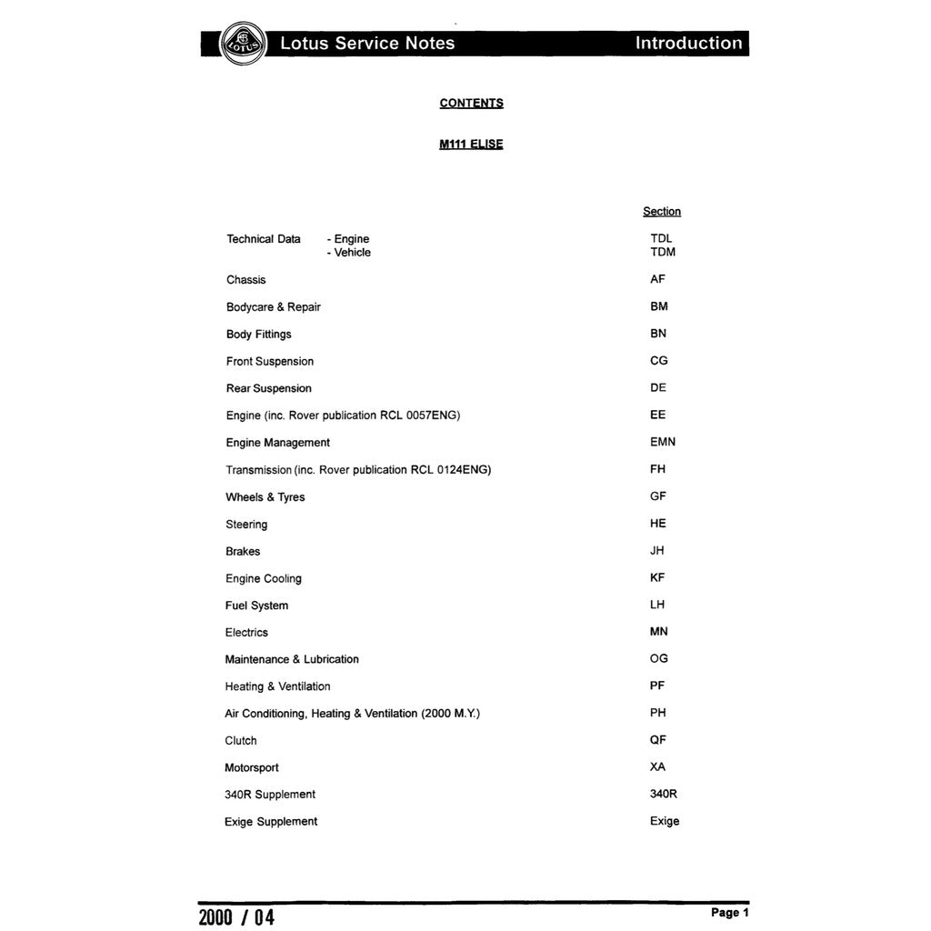 LOTUS ELISE S1 M111 (1994-2001) SERVICE NOTE WORKSHOP MANUAL