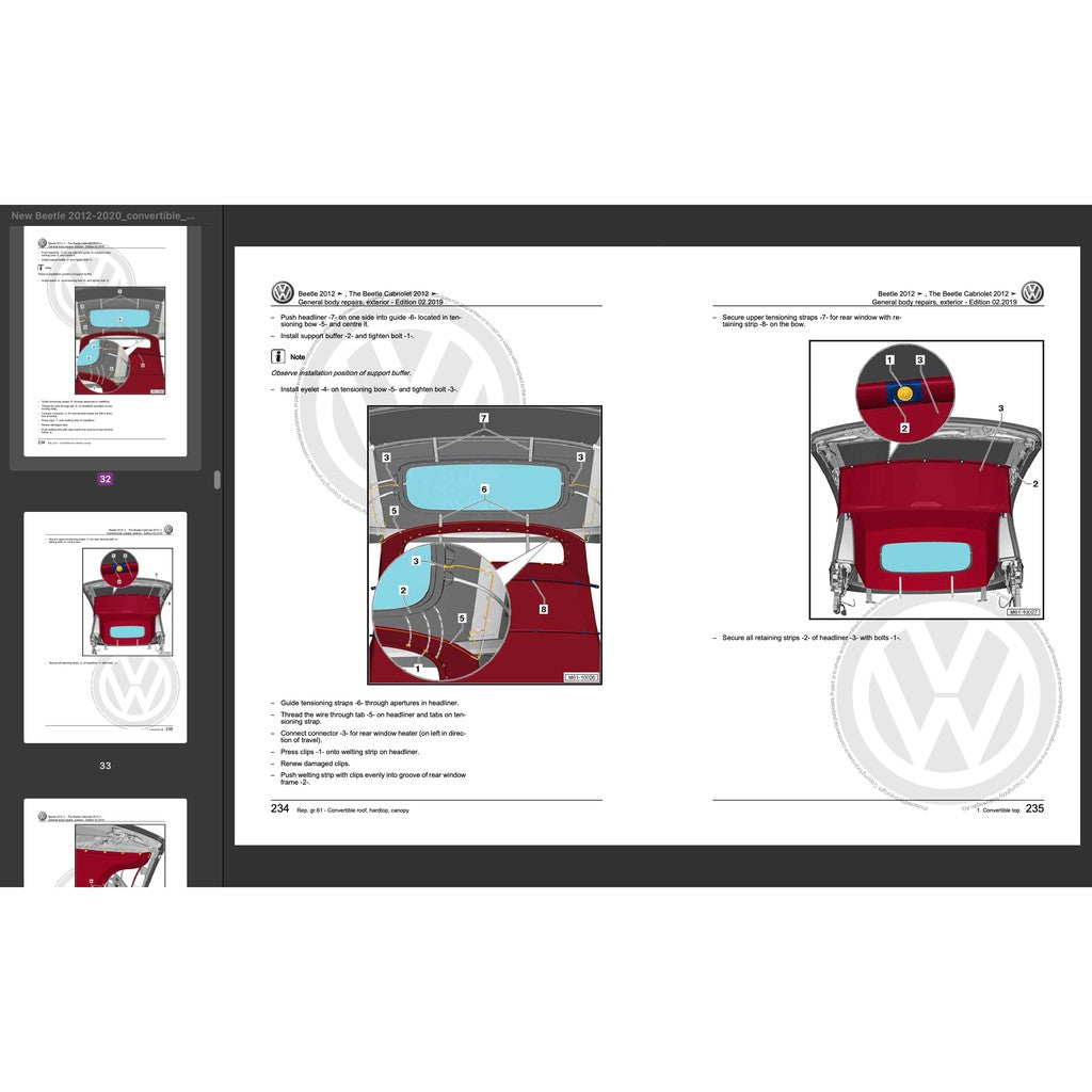 VW NEW BEETLE A5 (2011-2019) CONVERTIBLE TOP SERVICE WORKSHOP MANUAL