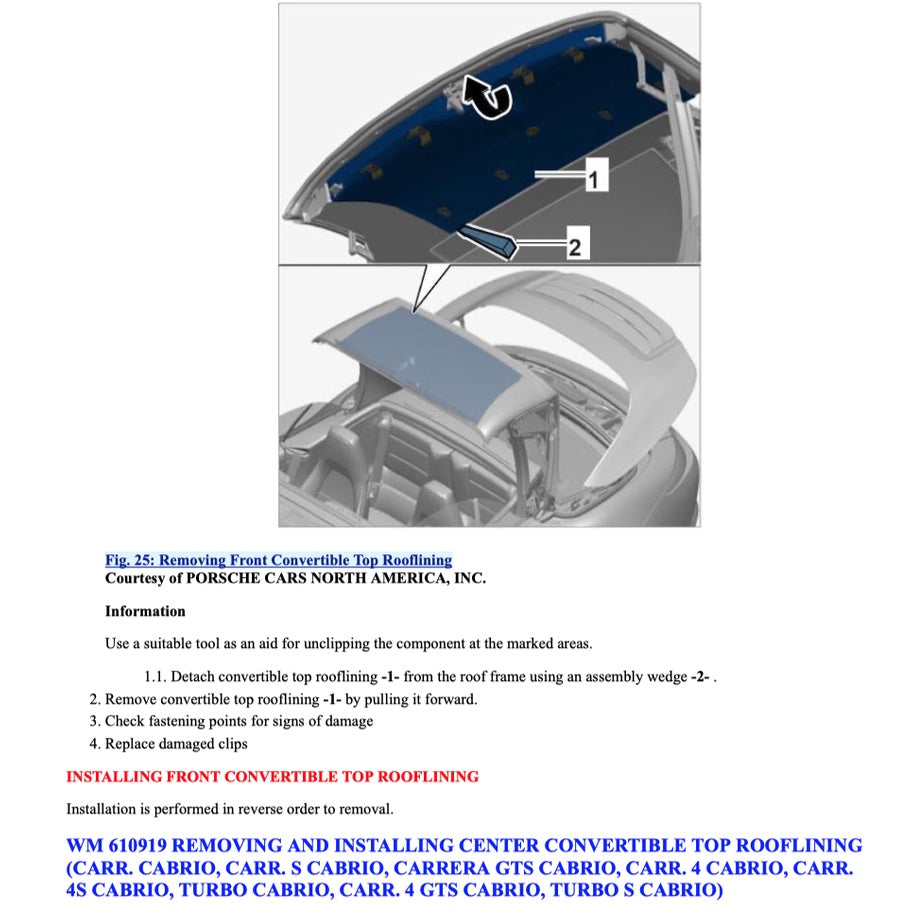 PORSCHE 911 991.1 (2011-2016) CONVERTIBLE TOP SERVICE REPAIR MANUAL