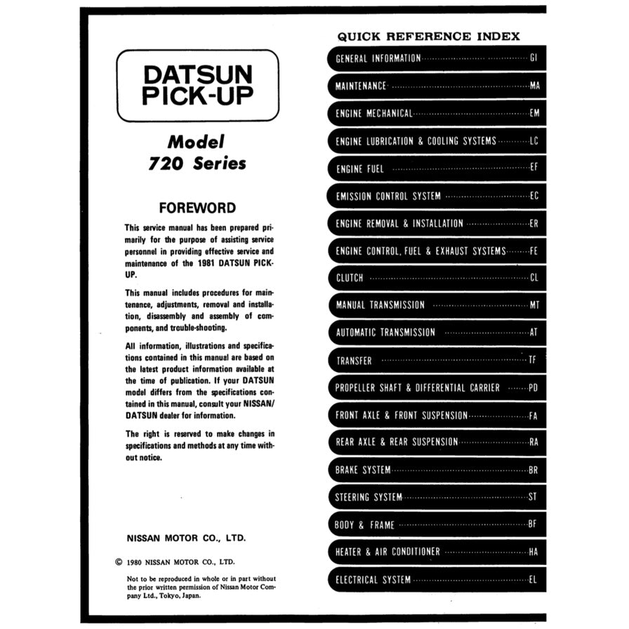 DATSUN PICKUP 720 (1980-1986) SERVICE WORKSHOP MANUAL