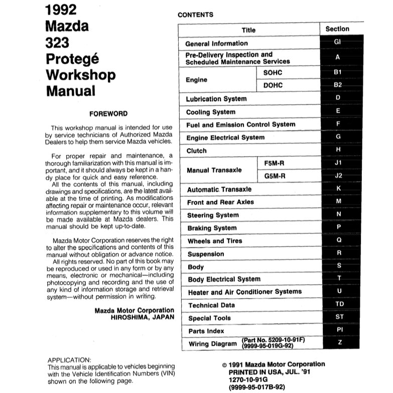 MAZDA 323 FAMILIA / PROTEGE BG (1989-1994) SERVICE WORKSHOP MANUAL