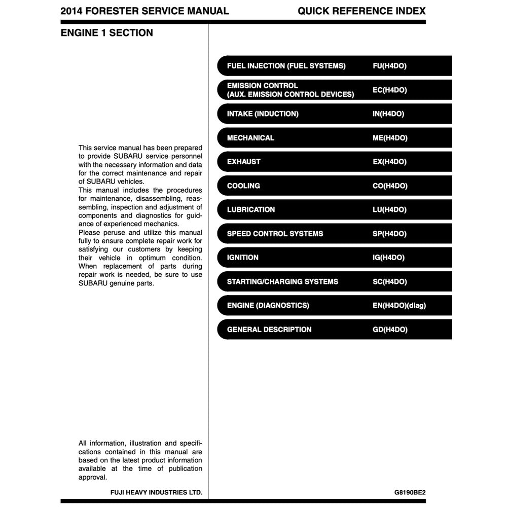 SUBARU FORESTER SJ (2013-2018) SERVICE WORKSHOP MANUAL