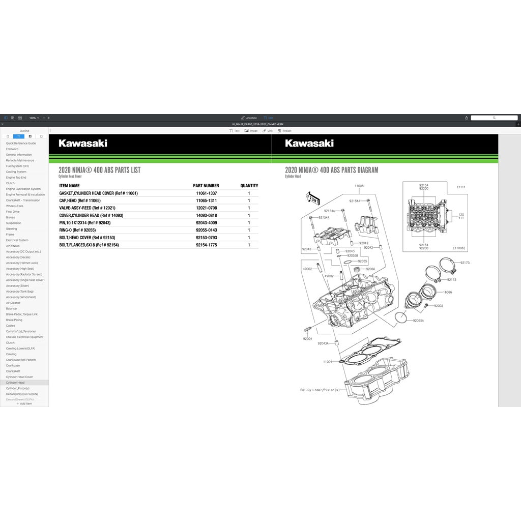 KAWASAKI NINJA 400 (2018-2022) SERVICE WORKSHOP MANUAL + PARTS CATALOGUE +OWNER'S MANUAL