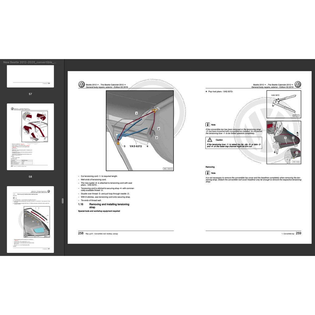 VW NEW BEETLE A5 (2011-2019) CONVERTIBLE TOP SERVICE WORKSHOP MANUAL