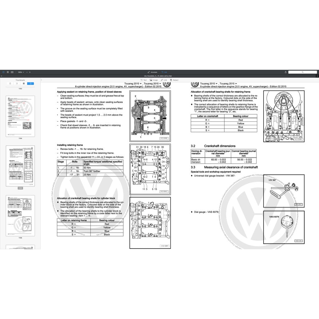 VW TOUAREG I & II 7L / 7P (2003-2017) SERVICE WORK MANUAL