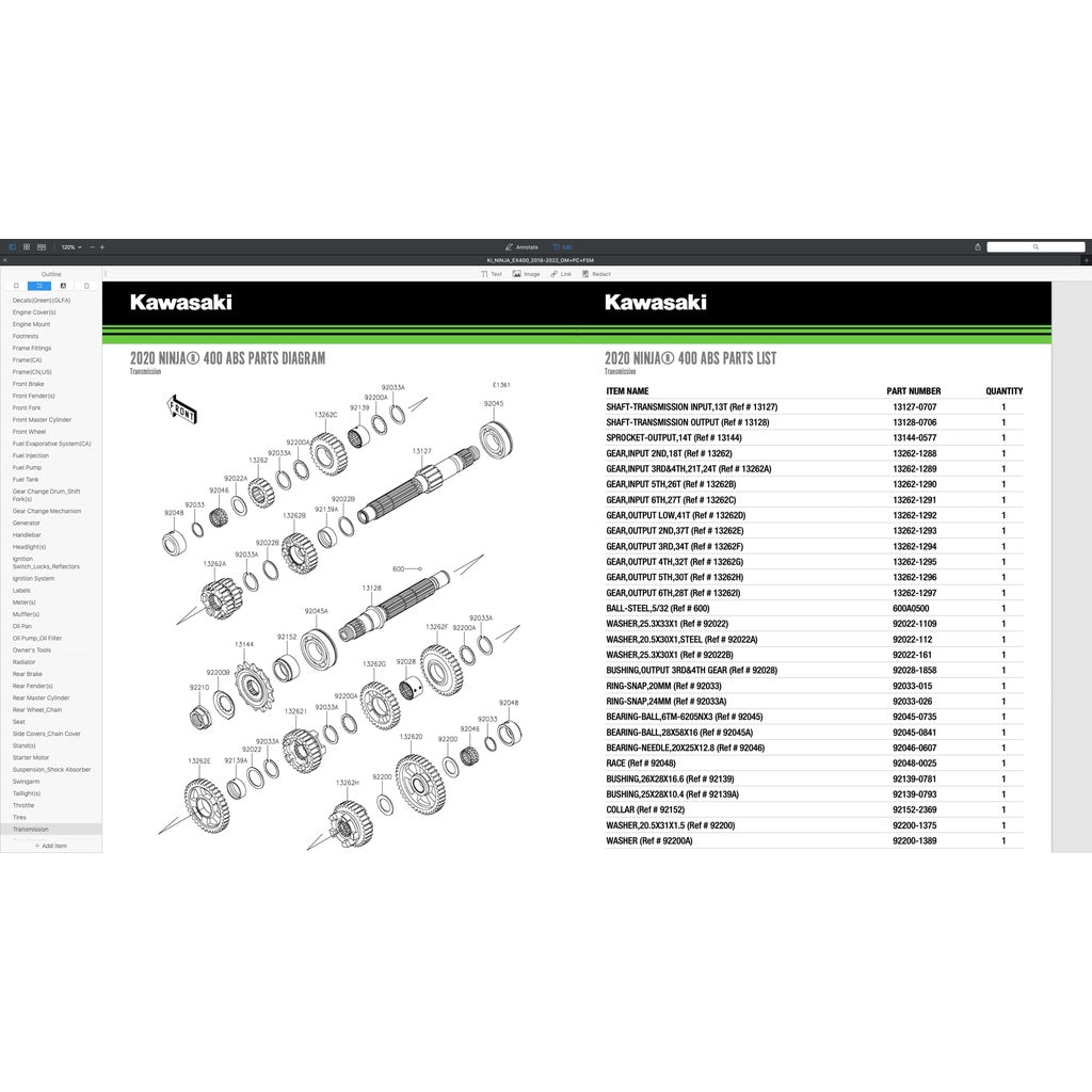 KAWASAKI NINJA 400 (2018-2022) SERVICE WORKSHOP MANUAL + PARTS CATALOGUE +OWNER'S MANUAL