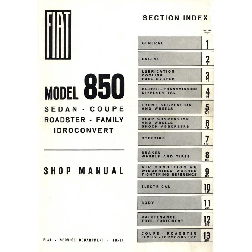 FIAT 850 100 B/C/G (1964-1973) SERVICE WORKSHOP MANUAL + OWNER'S MANUAL