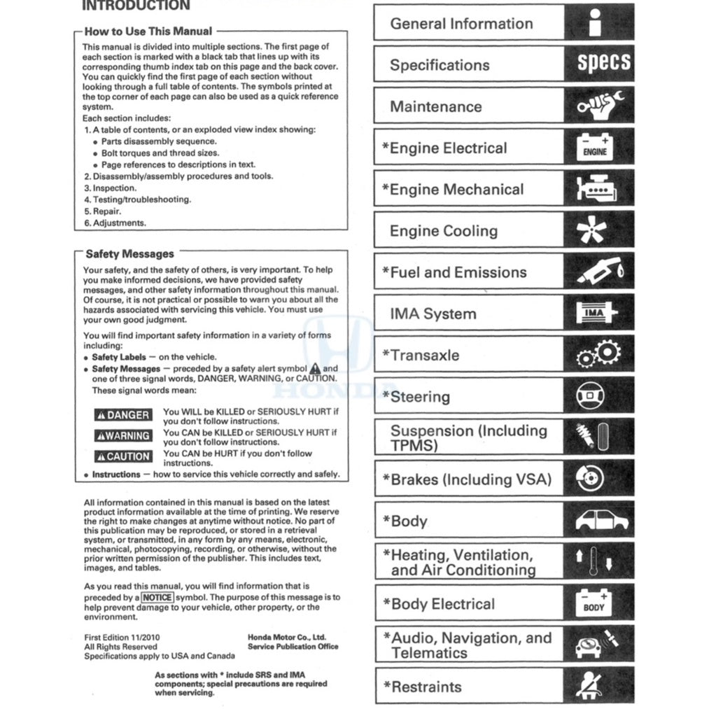 HONDA INSIGHT HYBRID (2009-2017) SERVICE WORKSHOP MANUAL + ELECTRICAL TROUBLESHOOTING MANUAL