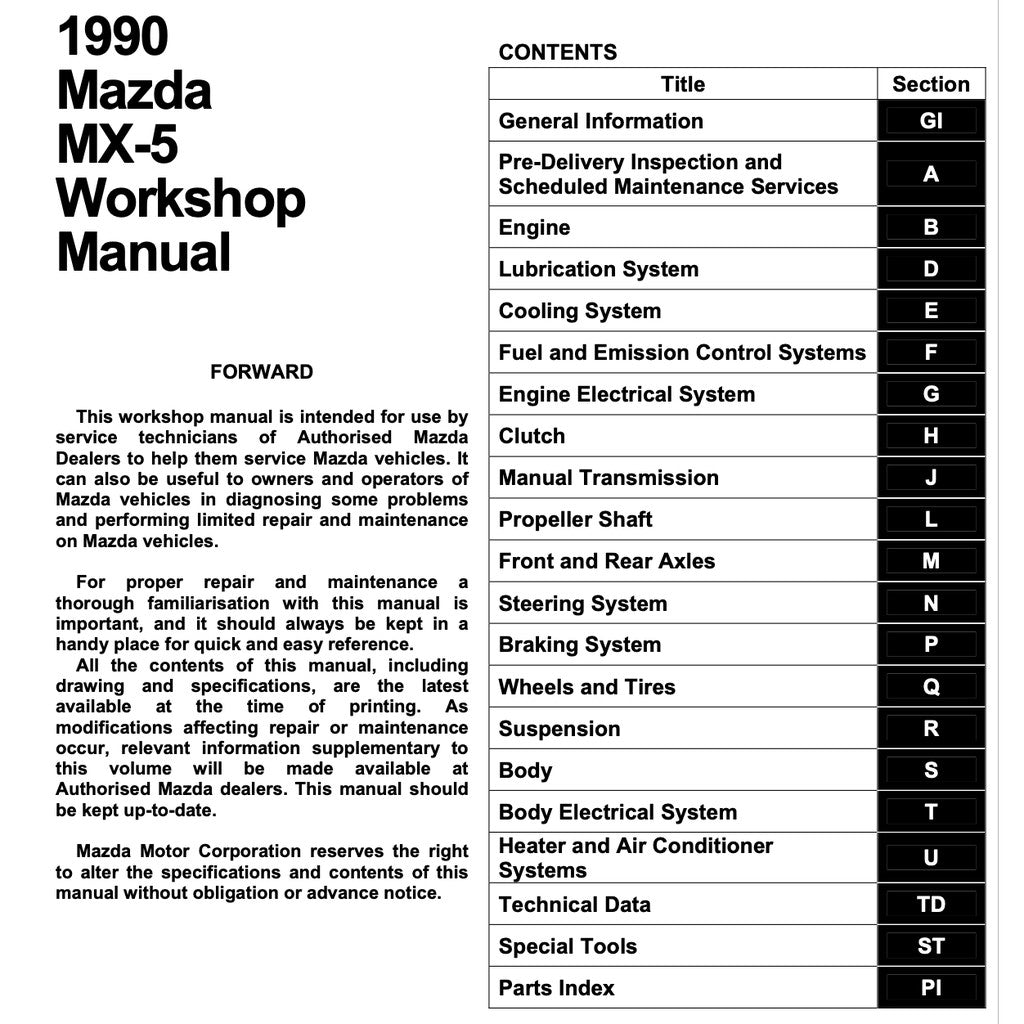 MAZDA MX-5 MIATA NA SERIES (1990) SERVICE WORKSHOP MANUAL