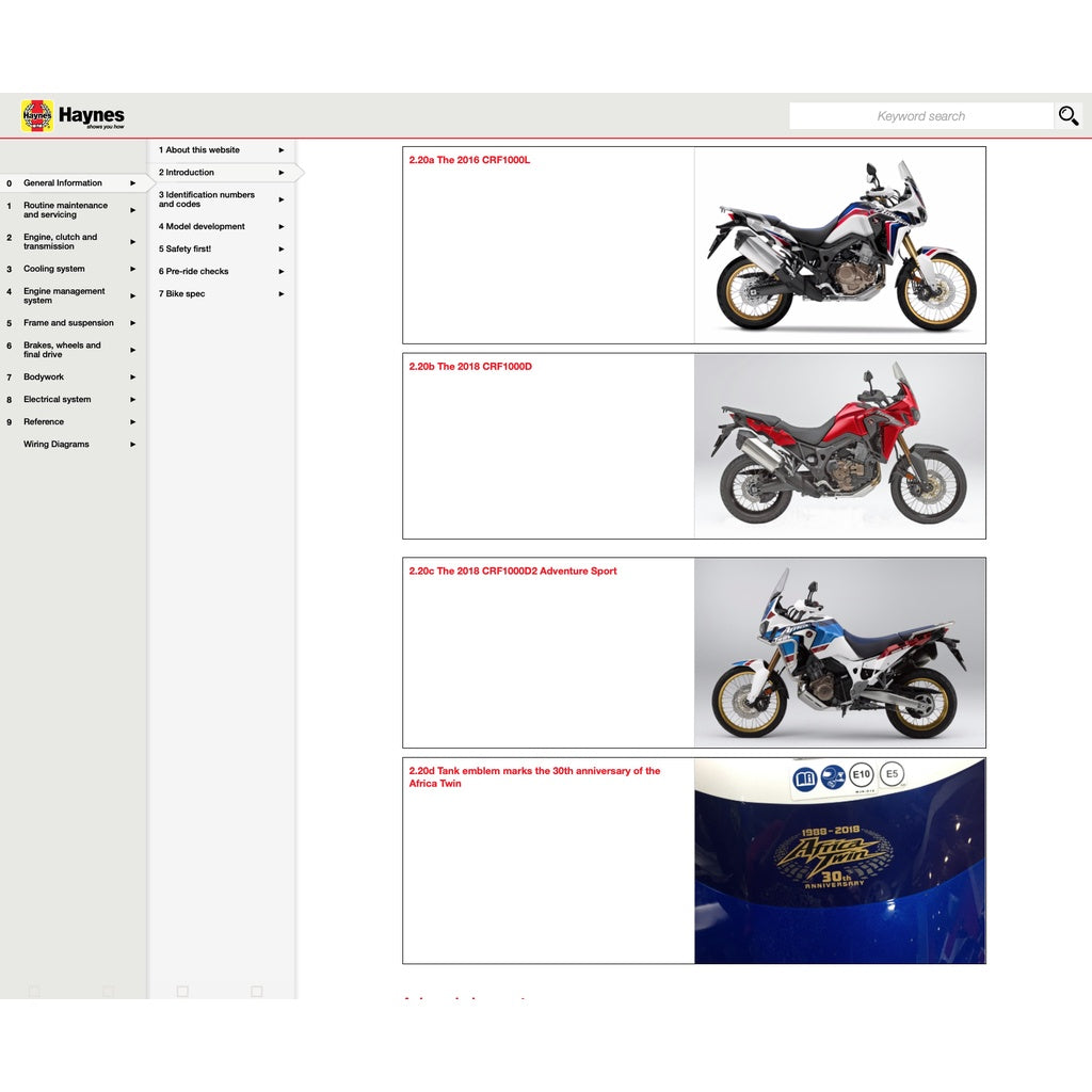 HONDA CRF1000 A/A2/D/D2 AFRICA TWIN (2016-2019) SERVICE WORKSHOP MANUAL