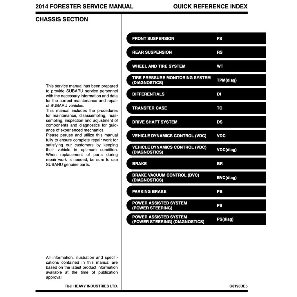 SUBARU FORESTER SJ (2013-2018) SERVICE WORKSHOP MANUAL