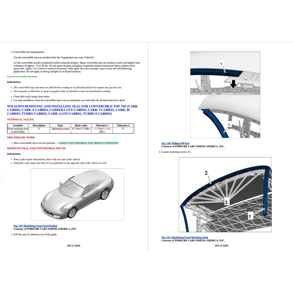 PORSCHE 911 991.1 (2011-2016) CONVERTIBLE TOP SERVICE REPAIR MANUAL