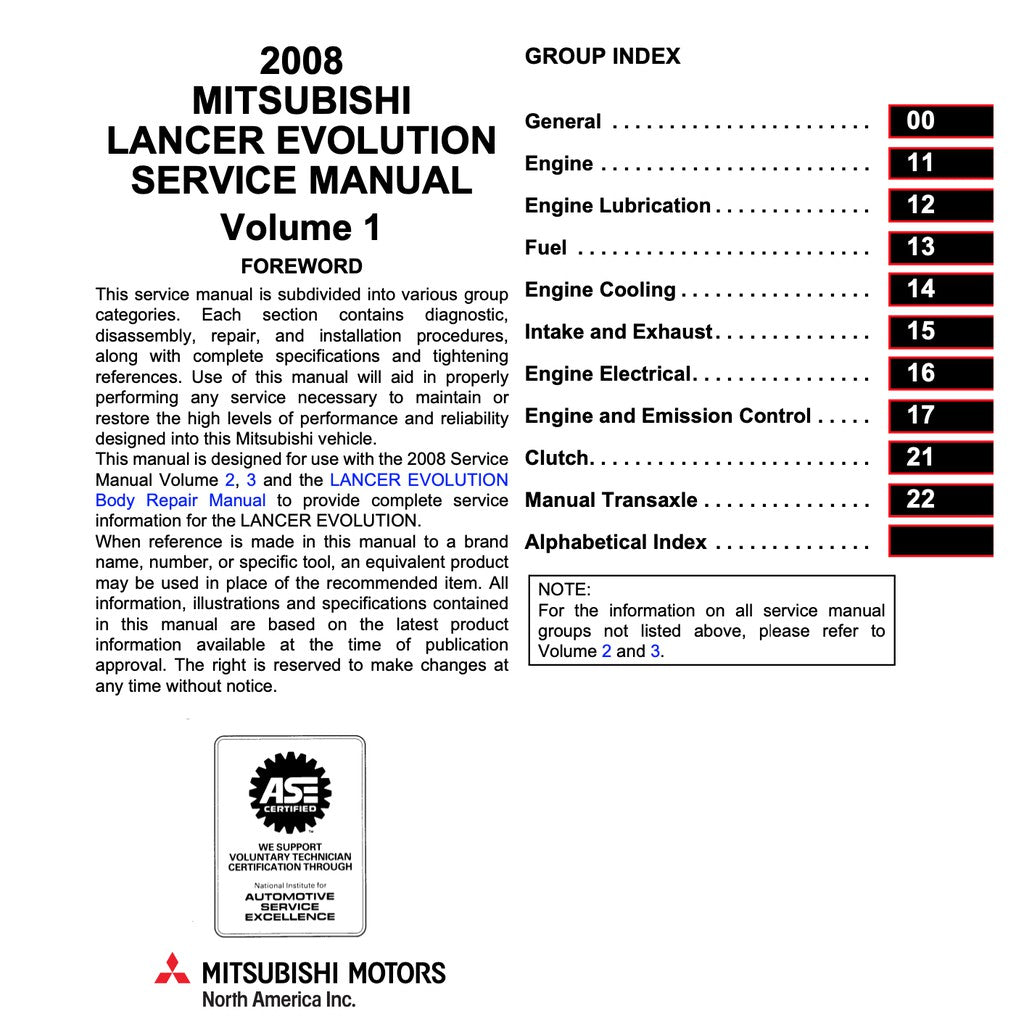 MITSUBISHI LANCER EVO 3,4,5,6,7,8,9,10 (1995-2007) SERVICE WORKSHOP MANUAL