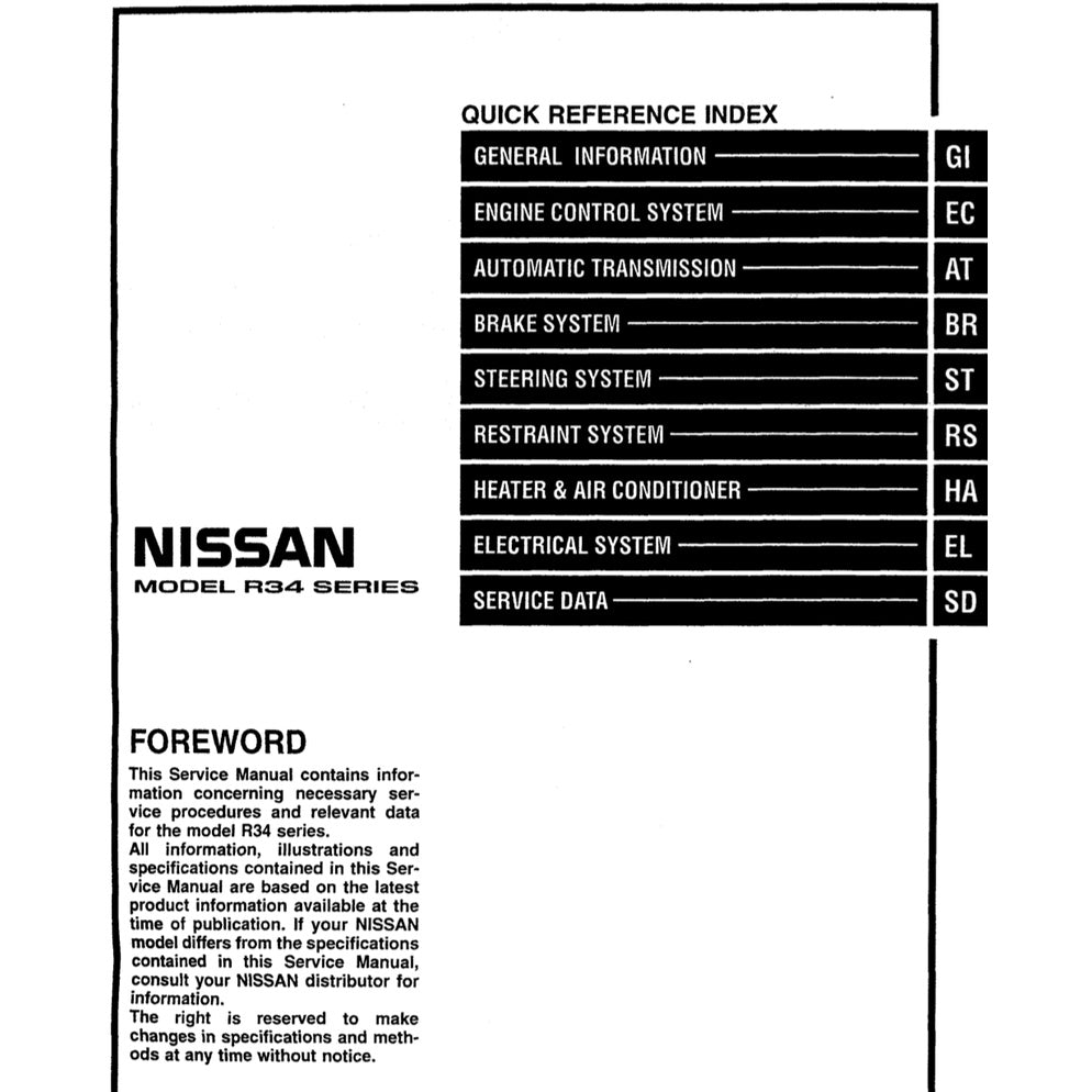 NISSAN SKYLINE GT-R R34 (1999-2002) SERVICE WORKSHOP MANUAL