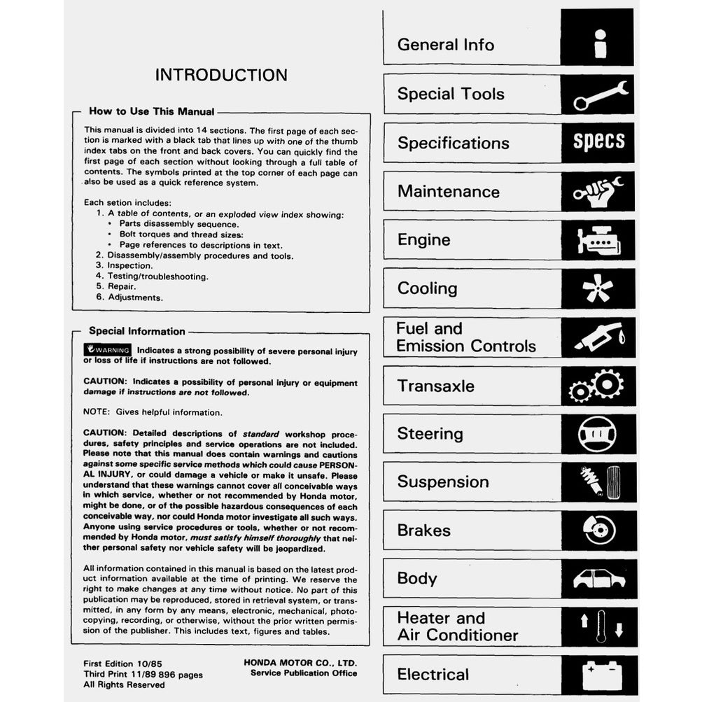 HONDA ACCORD 3 CA (1986-1989) SERVICE WORKSHOP MANUAL