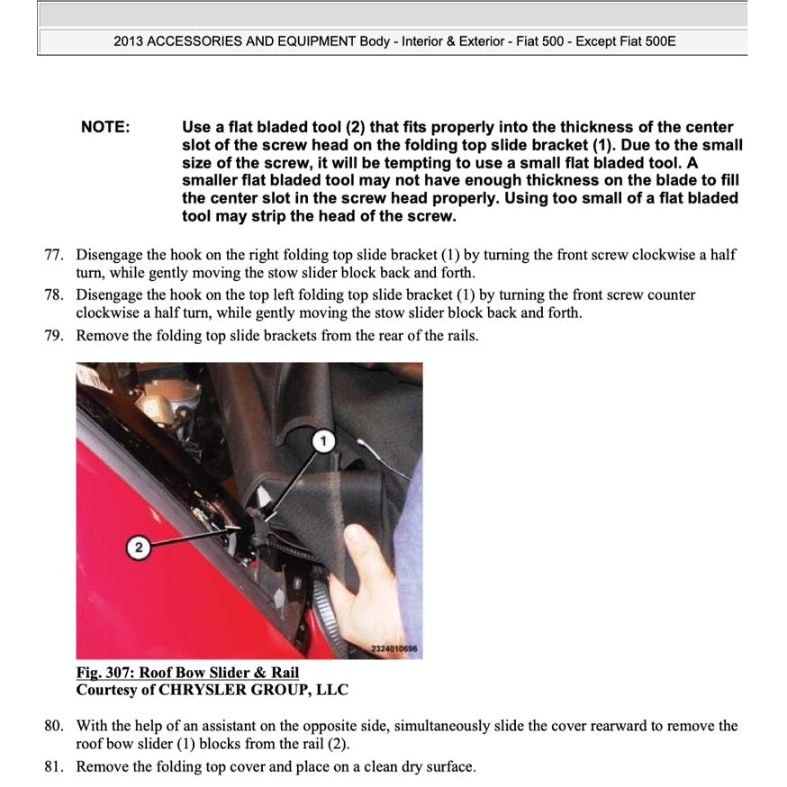 FIAT 500 C (2007-2019) CONVERTIBLE ROOF SERVICE & REPAIR MANUAL