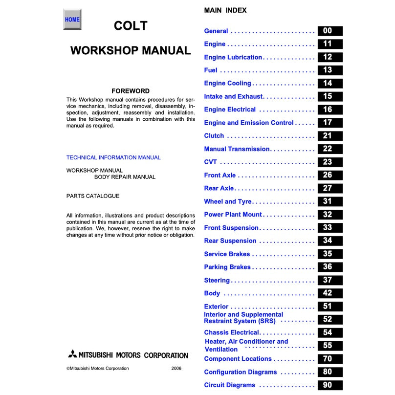 MITSUBISHI COLT Z30 RalliArt (2005-2012) SERVICE WORKSHOP MANUAL