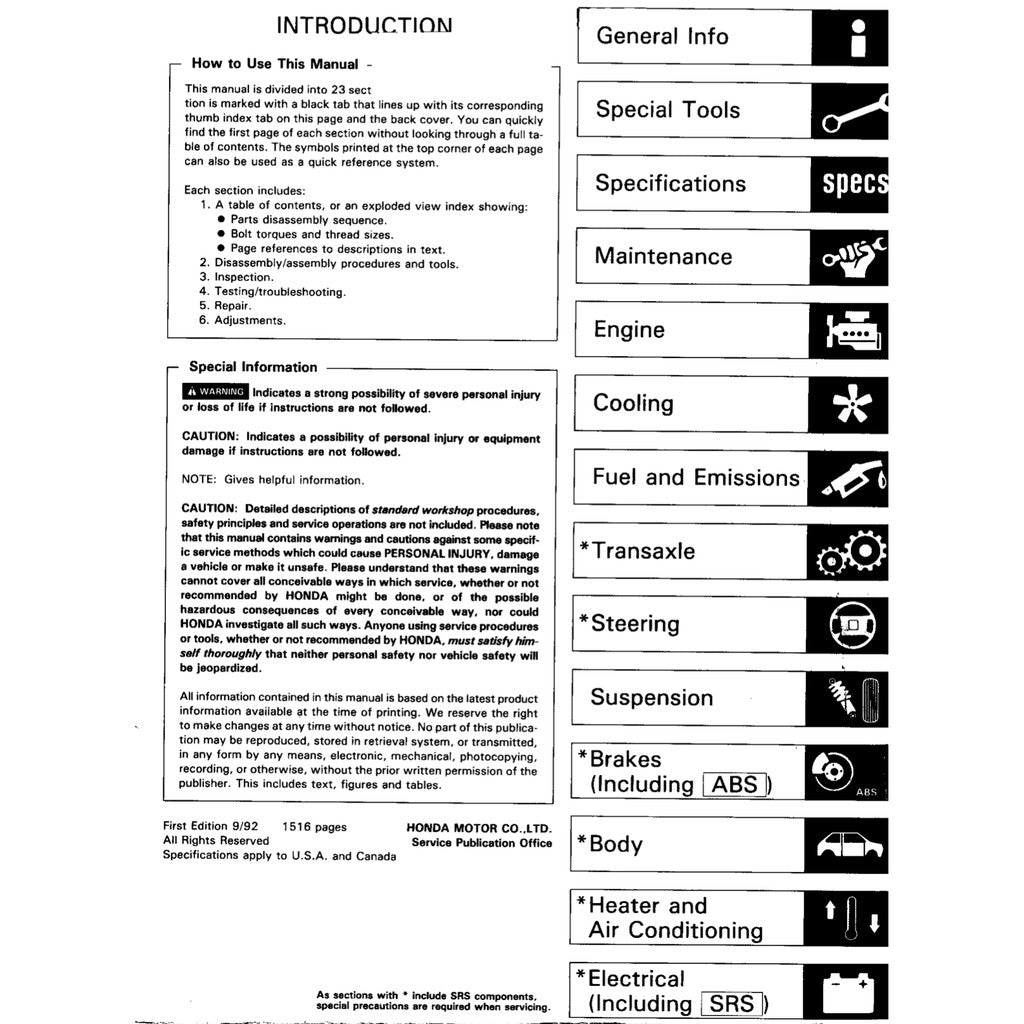 HONDA CIVIC 5 (1992-1995) SERVICE WORKSHOP MANUAL + ELECTRICAL TROUBLESHOOTING MANUAL
