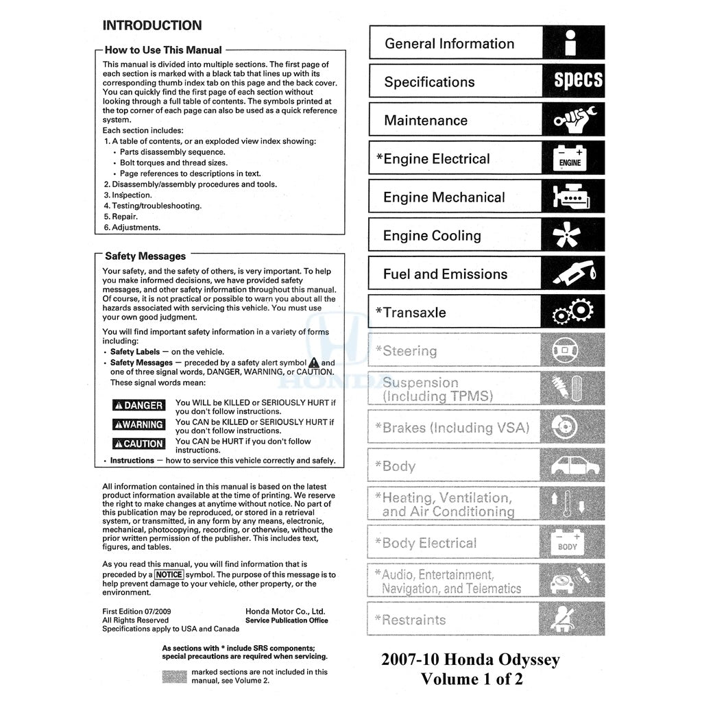 HONDA ODYSSEY RL (2007-2010) SERVICE WORKSHOP MANUAL