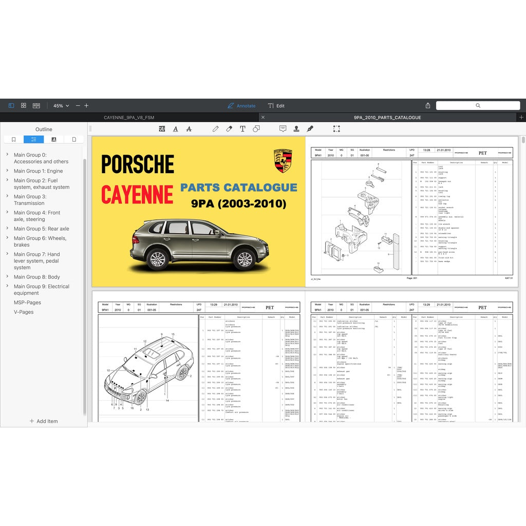 PORSCHE CAYENNE 955 9PA (2003-2008) SERVICE WORKSHOP MANUAL + PARTS CATALOGUE