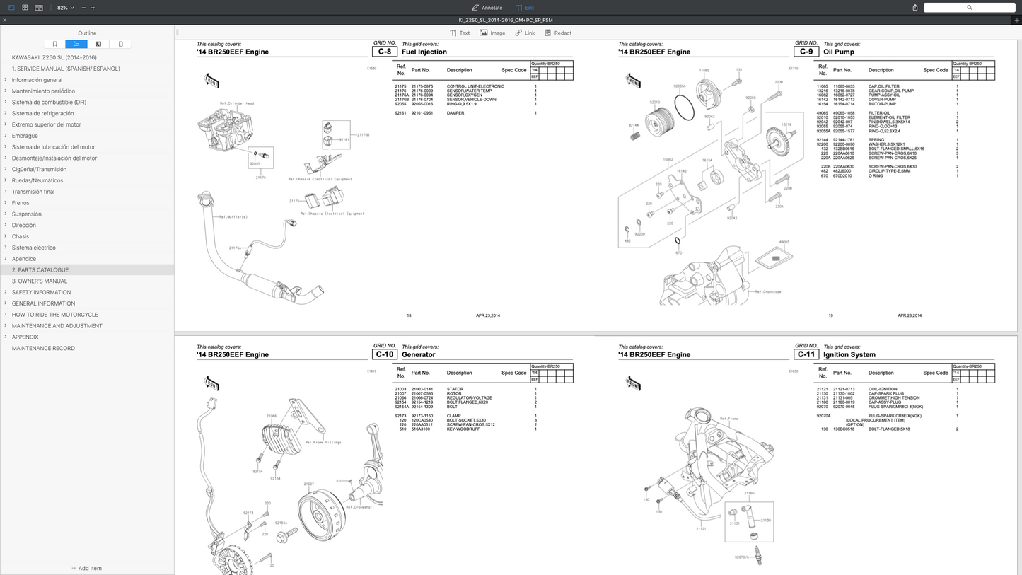 KAWASAKI Z250 SL (2014-2016) SERVICE WORKSHOP MANUAL (SPANISH LANGUAGE) + OWNER'S MANUAL+ PARTS CATALOGUE
