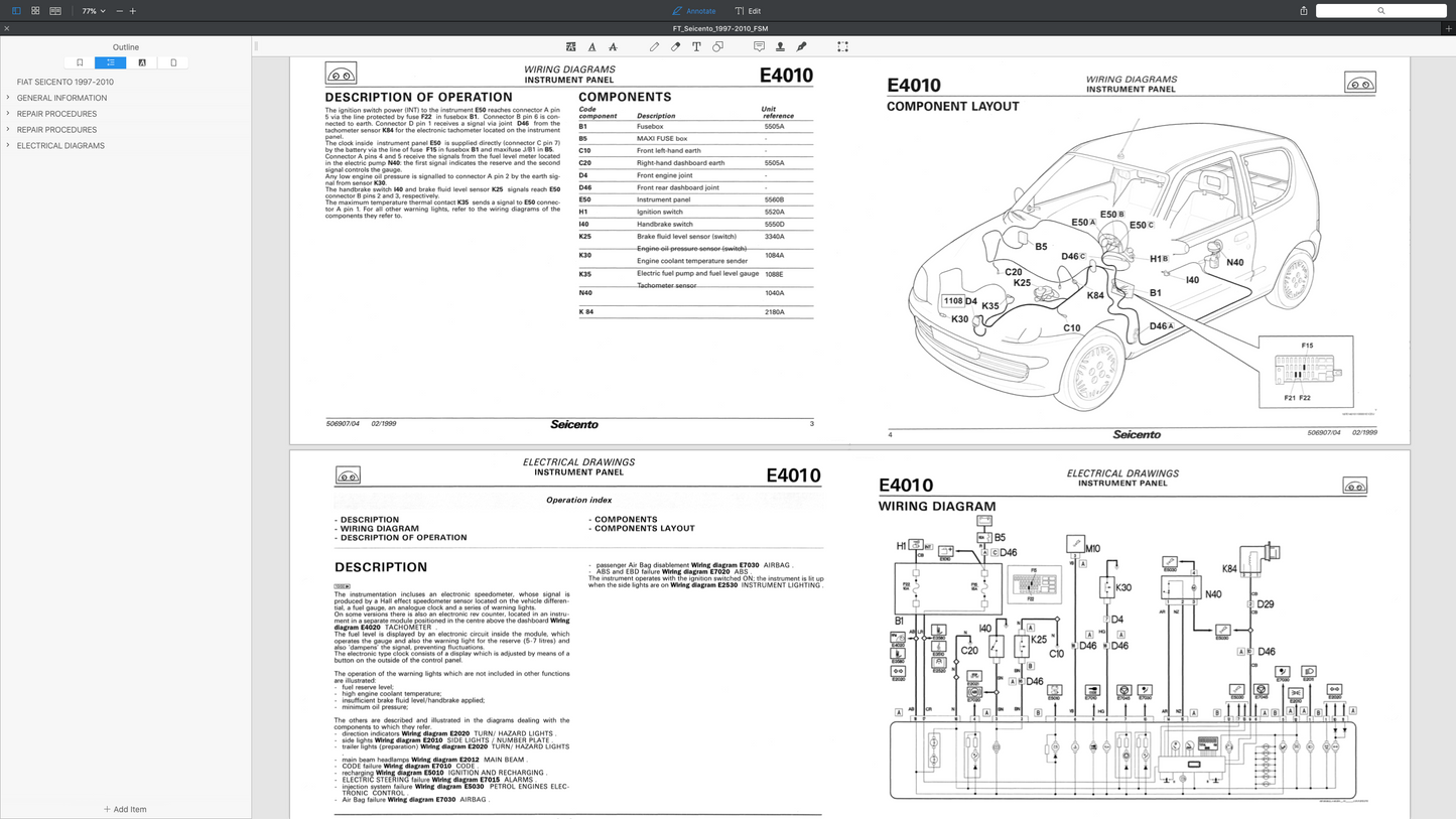 FIAT SEICENTO 187 (1997-2010) SERVICE WORKSHOP MANUAL