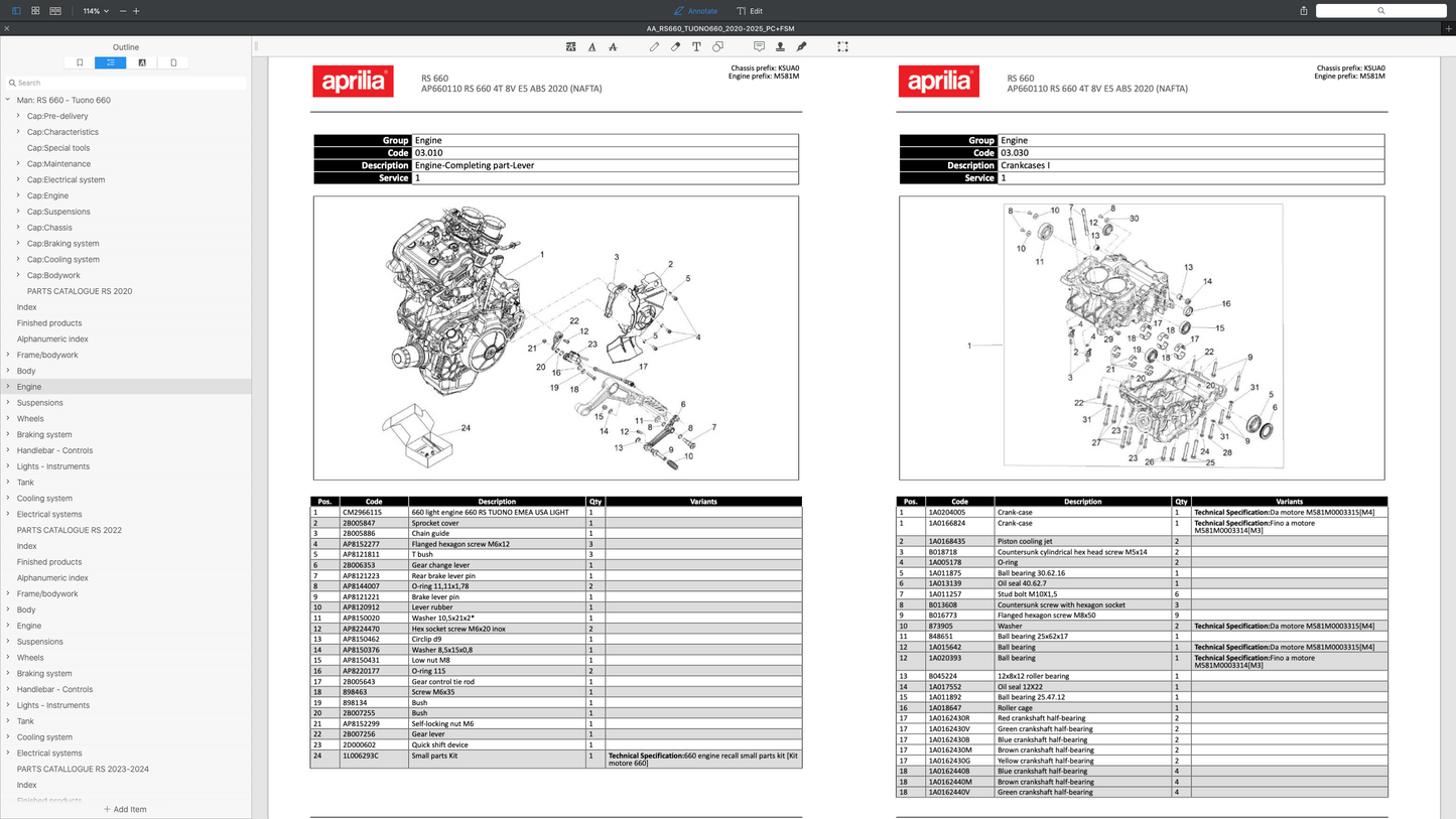 APRILIA RS 660 & TUONO 660 (2020-2025) SERVICE WORKSHOP MANUAL + PARTS CATALOGUE + OWNER'S MANUAL