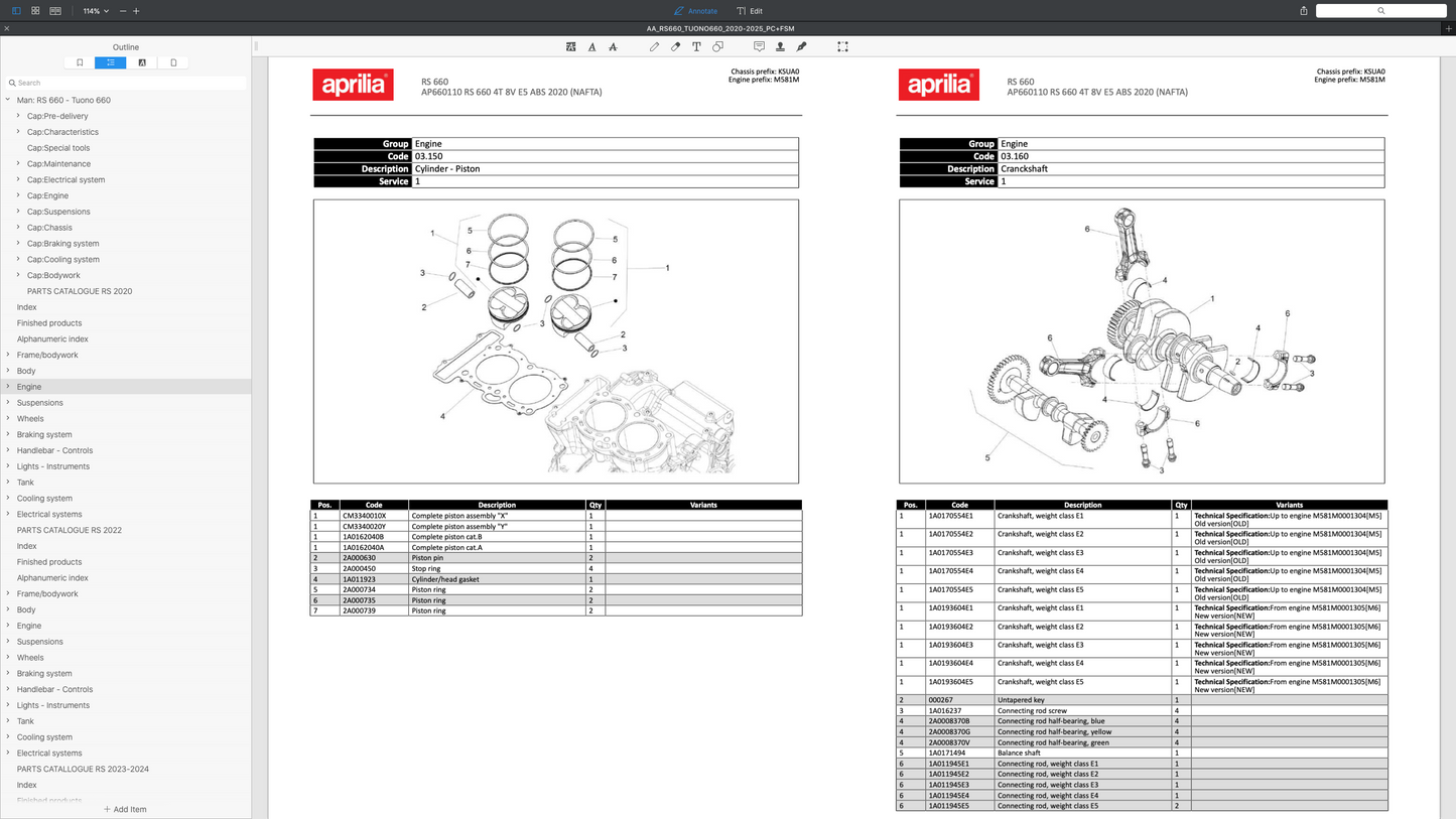 APRILIA RS 660 & TUONO 660 (2020-2025) SERVICE WORKSHOP MANUAL + PARTS CATALOGUE + OWNER'S MANUAL