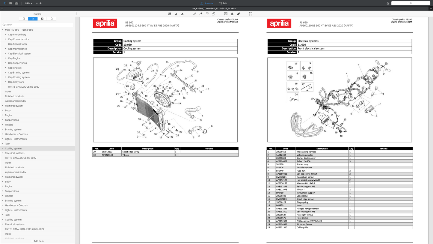 APRILIA RS 660 & TUONO 660 (2020-2025) SERVICE WORKSHOP MANUAL + PARTS CATALOGUE + OWNER'S MANUAL