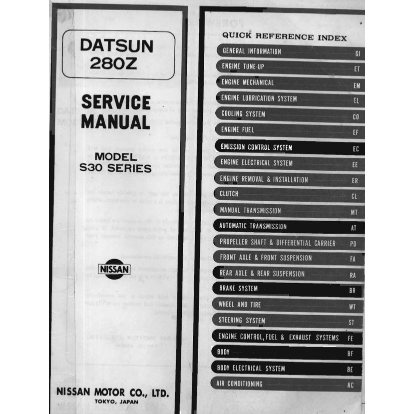 DATSUN 280Z S30 (1975-1978) SERVICE WORKSHOP MANUAL + PARTS CATALOGUE