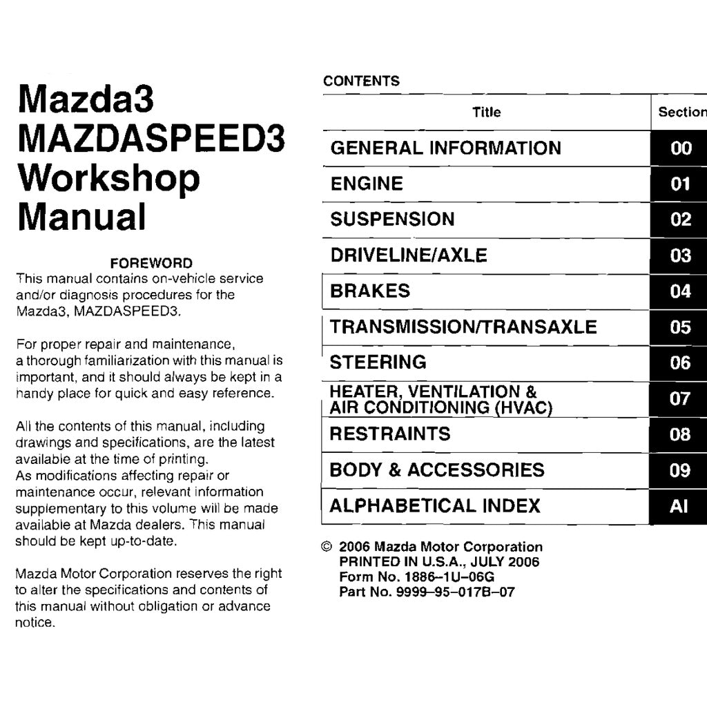 MAZDA 3 BK (2003-2009) SERVICE WORKSHOP MANUAL