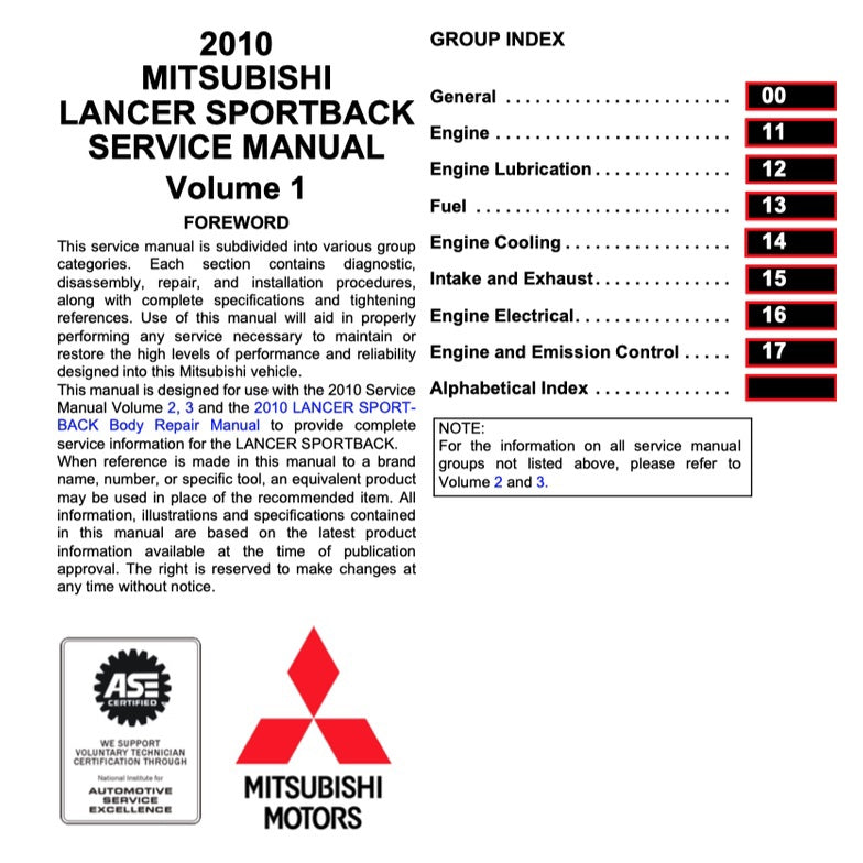 MITSUBISHI LANCER SPORTBACK (2010-2012) SERVICE WORKSHOP MANUAL