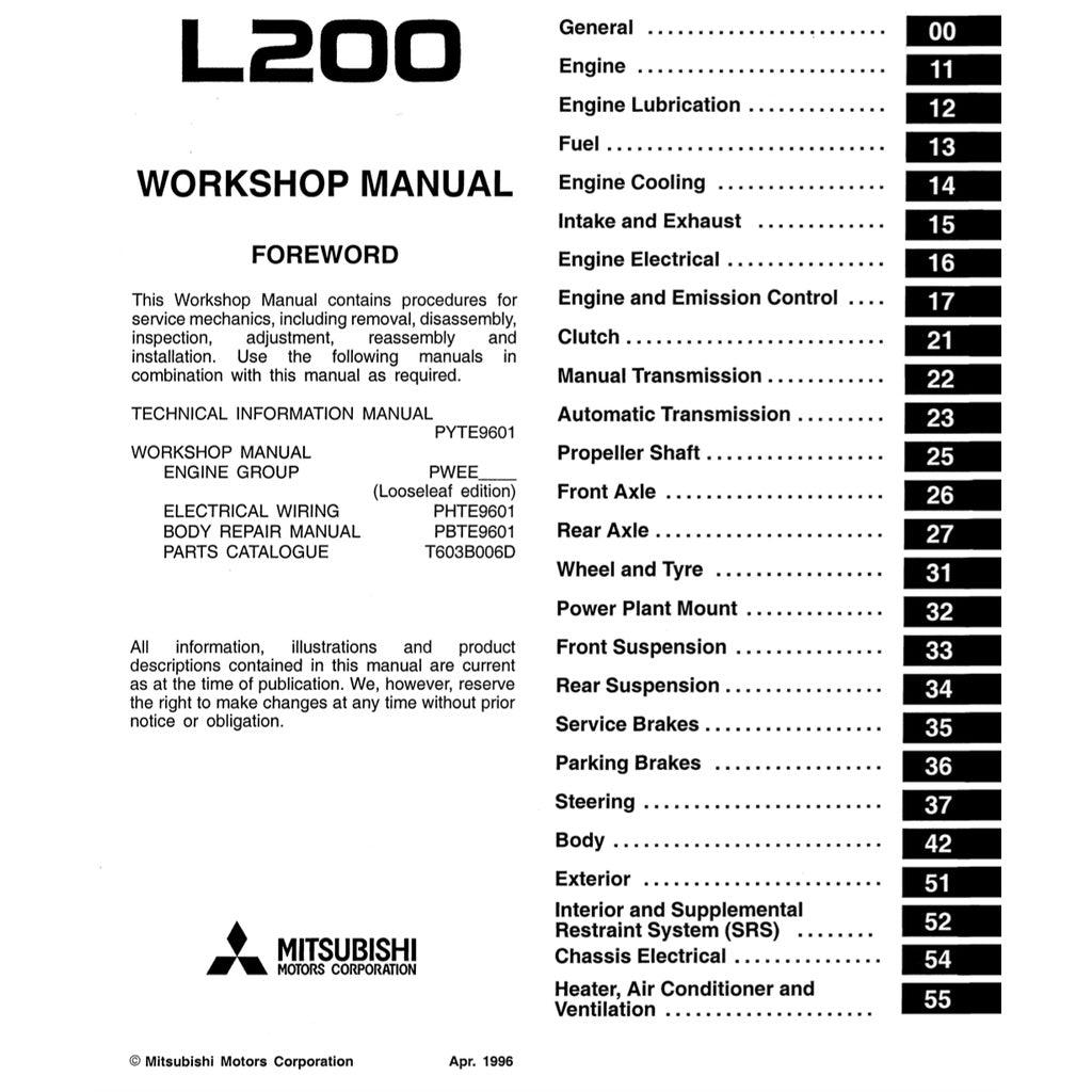MITSUBISHI TRITON L200 K50/60/70 (1996-2005) SERVICE WORKSHOP MANUAL