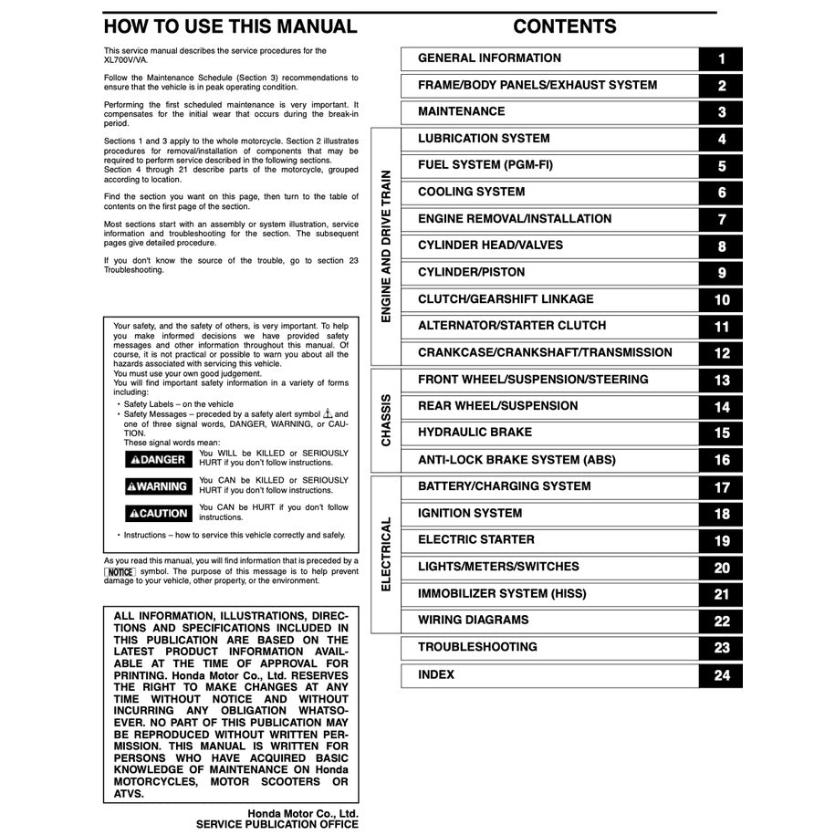 HONDA TRANSALP XL700V/VA (2008-2022) SERVICE WORKSHOP MANUAL + PARTS CATALOGUE + OWNER'S MANUAL