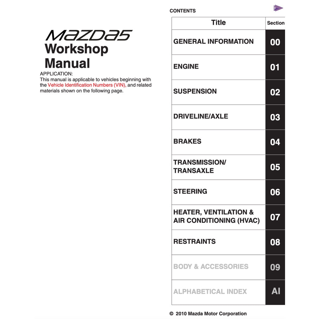 MAZDA 5 CW (2010-2018) SERVICE WORKSHOP MANUAL + WIRING DIAGRAM