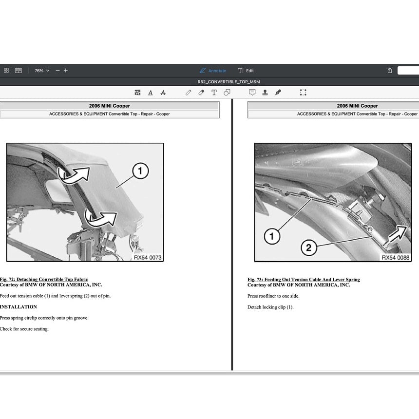 Mini Cooper R52 (2004-2006) CONVERTIBLE TOP SERVICE & REPAIR MANUAL