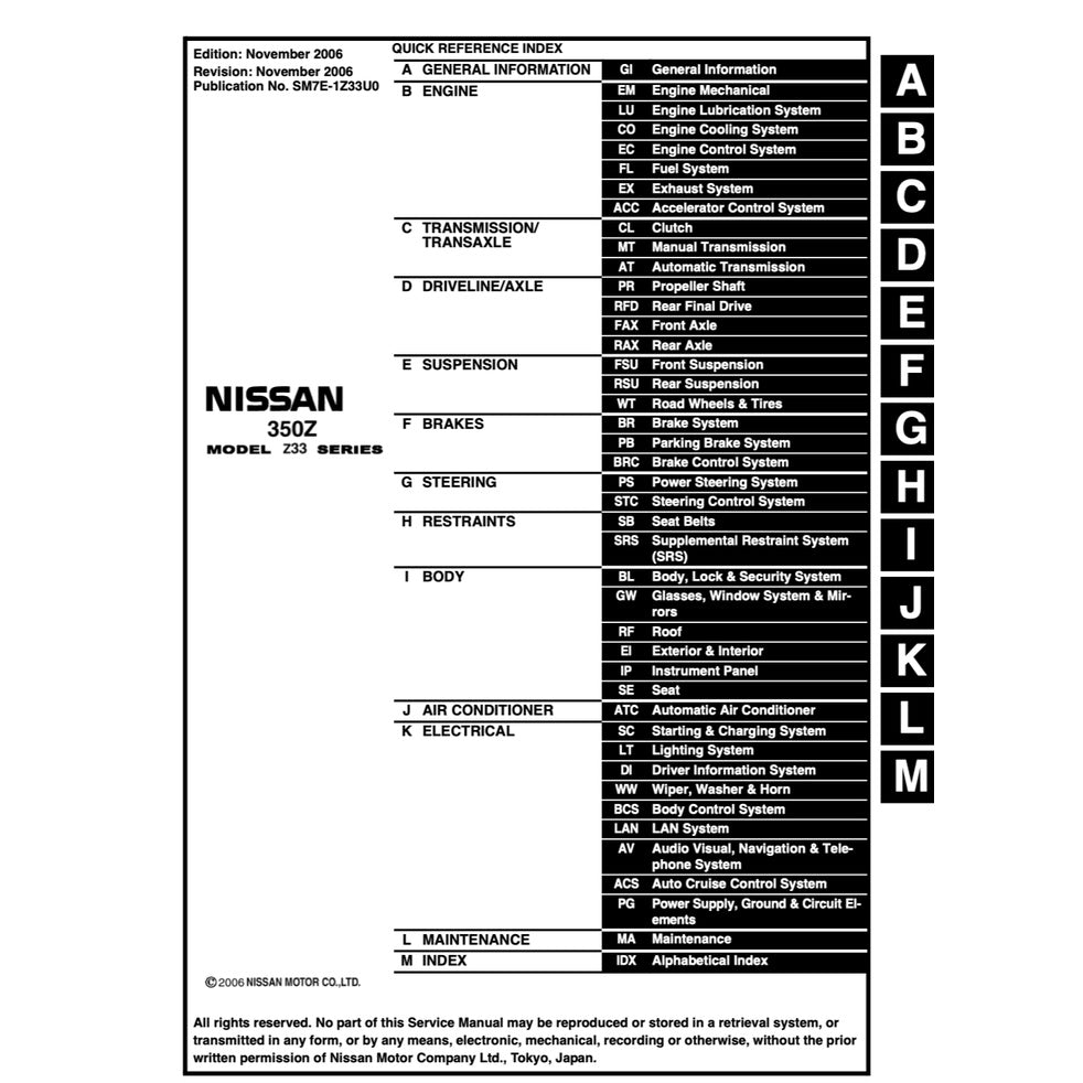NISSAN 350-Z / Z33 (2003-2009) SERVICE WORKSHOP MANUAL