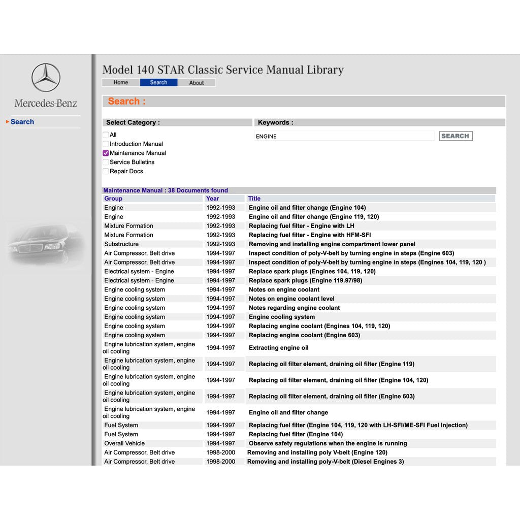 MERCEDES-BENZ W140 (1991-1998) SERVICE WORKSHOP MANUAL LIBRARY