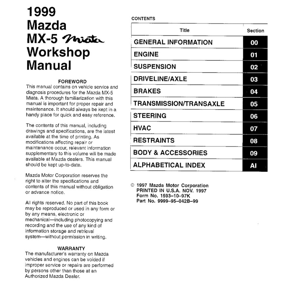 MAZDA MX-5 MIATA NB SERIES (1999-2004) SERVICE WORKSHOP MANUAL