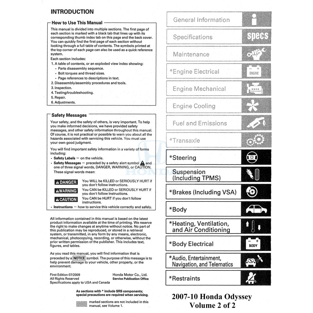 HONDA ODYSSEY RL (2007-2010) SERVICE WORKSHOP MANUAL