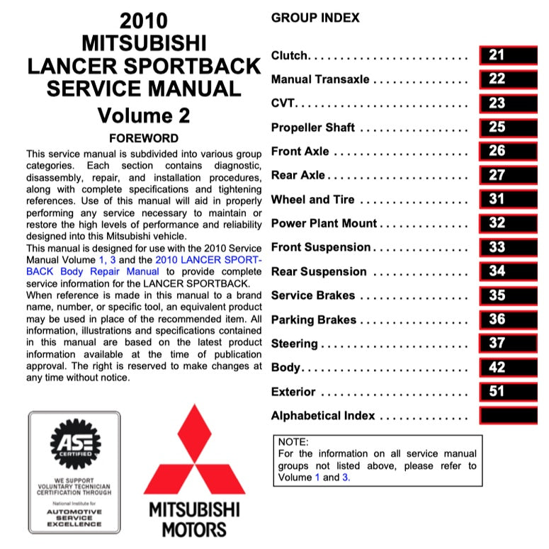 MITSUBISHI LANCER SPORTBACK (2010-2012) SERVICE WORKSHOP MANUAL