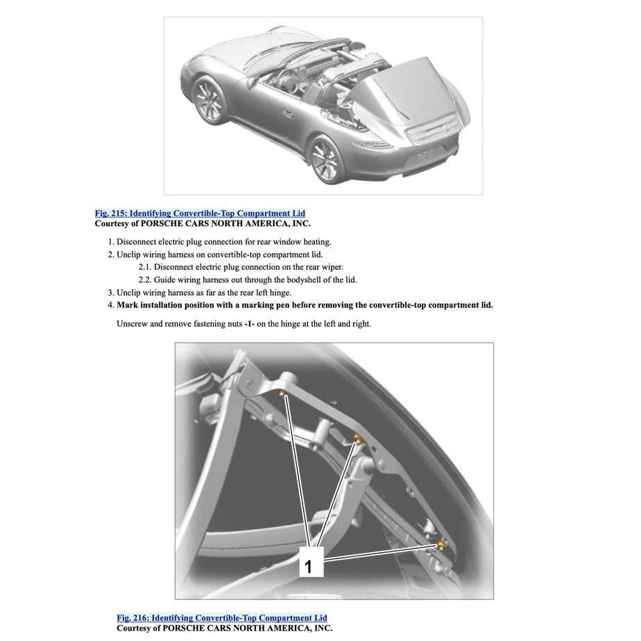 PORSCHE 911 991.1 (2011-2016) CONVERTIBLE TOP SERVICE REPAIR MANUAL