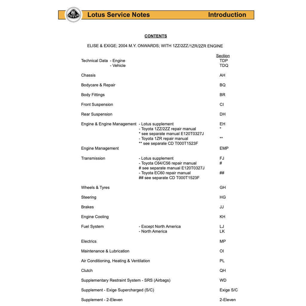 LOTUS ELISE S2 & EXIGE (2004-2011) SERVICE NOTES WORKSHOP MANUAL