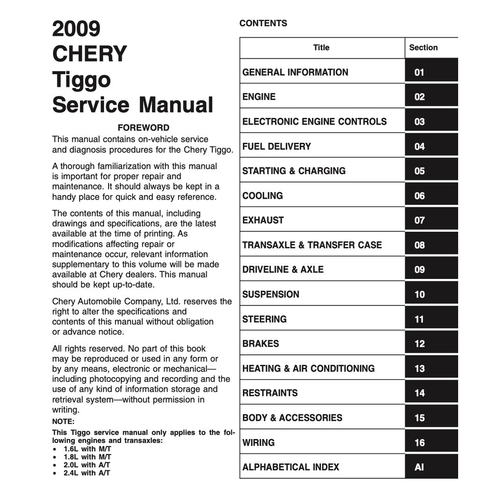CHERY TIGGO 3 (2005-2010) SERVICE WORKSHOP MANUAL